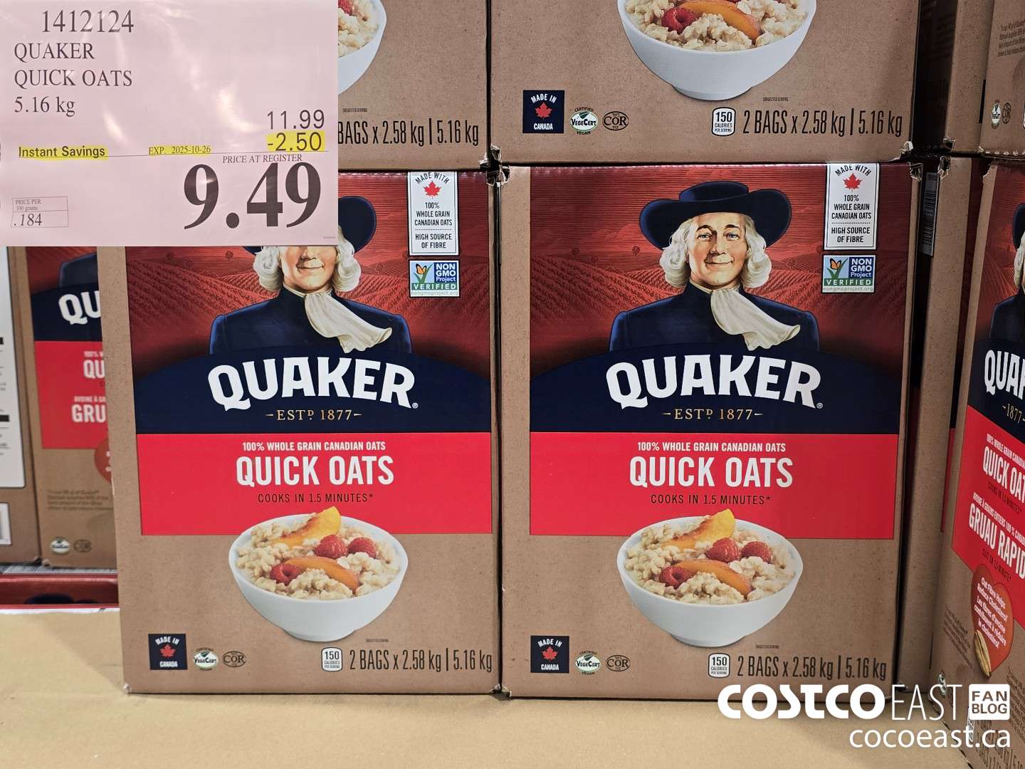 1412124 QUAKER QUICK OATS 5.16 kg ($2.50 INSTANT SAVINGS EXPIRES ON 2025-10-26) $9.49