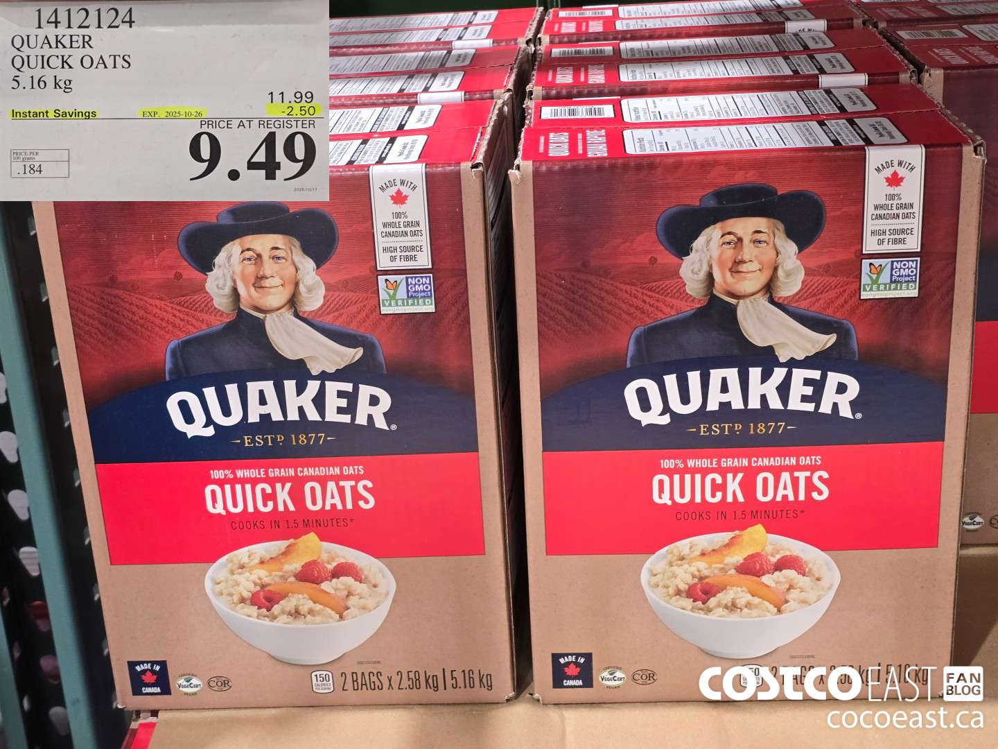 1412124 QUAKER QUICK OATS 5.16 kg ($2.50 INSTANT SAVINGS EXPIRES ON 2025-10-26) $9.49