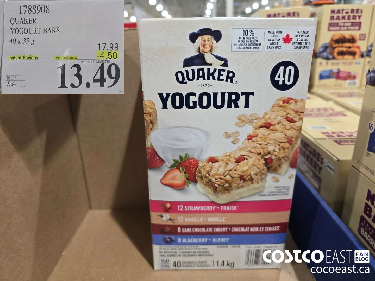 1788908 QUAKER YOGURT BARS 40 x 35g ($4.50 INSTANT SAVINGS EXPIRES ON 2025-10-26) $13.49