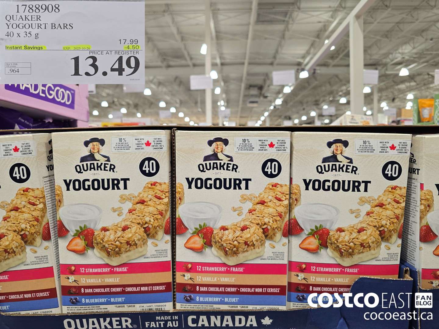 1788908 QUAKER YOGURT BARS 40 x 35g ($4.50 INSTANT SAVINGS EXPIRES ON 2025-10-26) $13.49