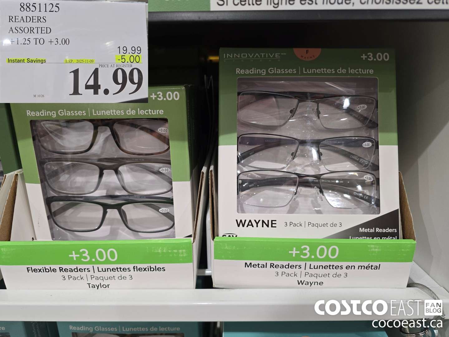 8851125 READERS ASSORTED STYLES +1.25 TO +3.00 ($5.00 INSTANT SAVINGS EXPIRES ON 2025-11-09) $14.99