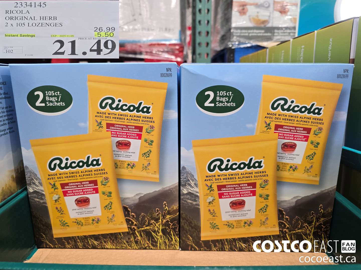 2334145 RICOLA ORIGINAL HERB 2 X 105 LOZENGES ($5.50 INSTANT SAVINGS EXPIRES ON 2025-11-09) $21.49