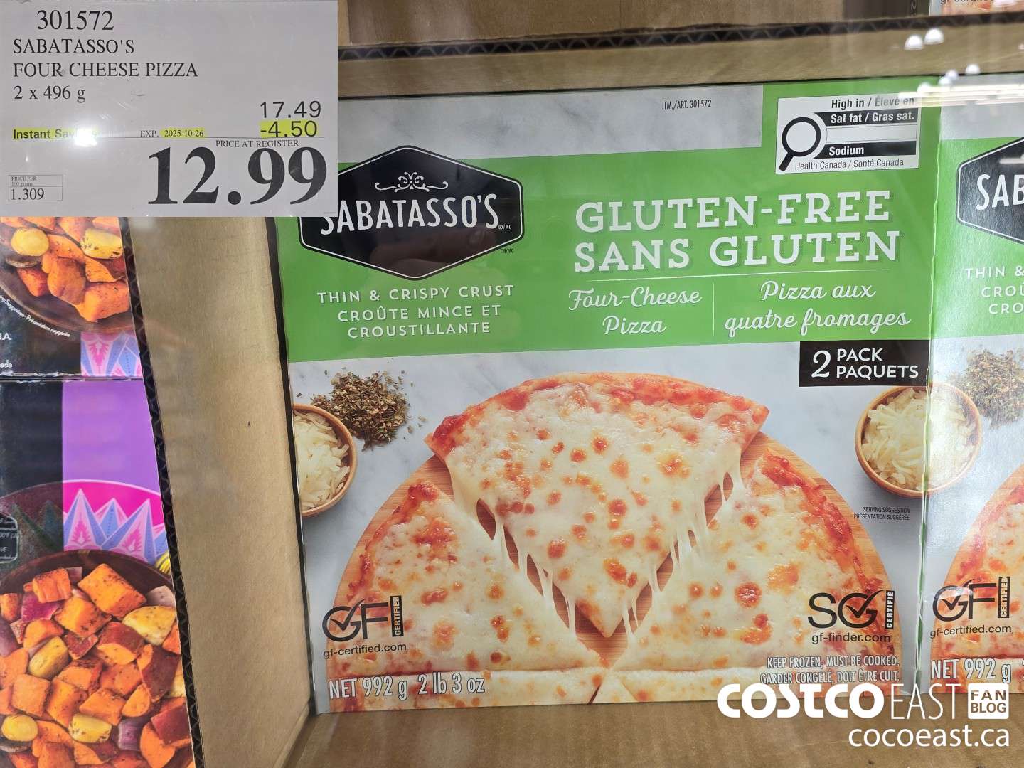 301572 SABATASSO'S FOUR CHEESE PIZZA 2 X 496G ($4.50 INSTANT SAVINGS EXPIRES ON 2025-10-26) $12.99