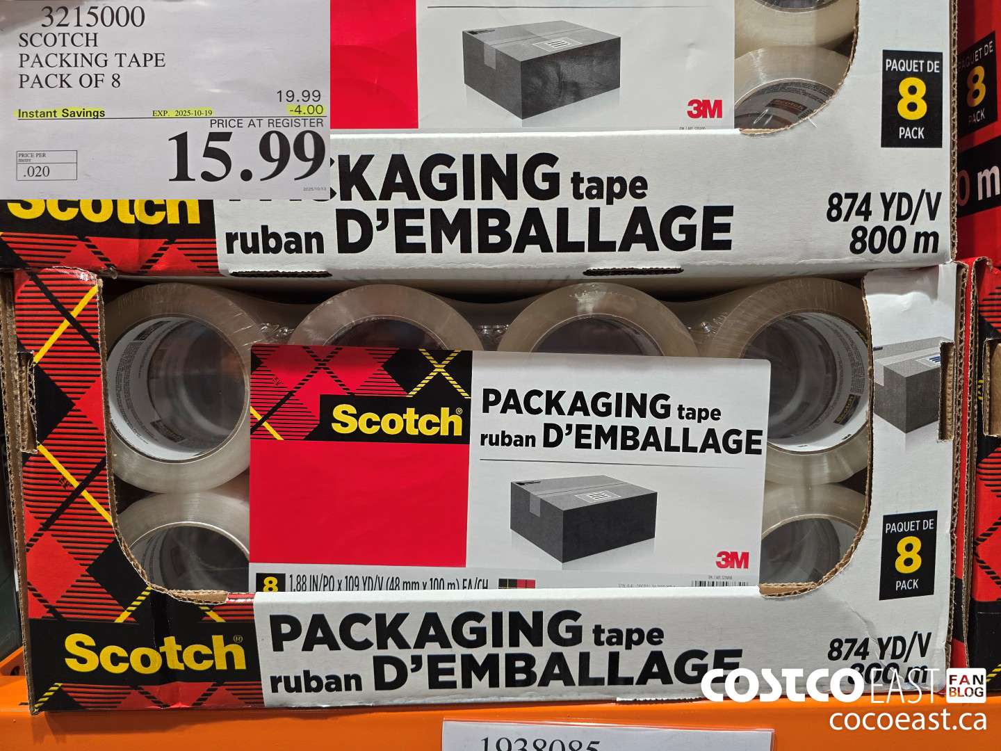 3215000 SCOTCH PACKING TAPE PACK OF 8 ($4.00 INSTANT SAVINGS EXPIRES ON 2025-10-19) $15.99