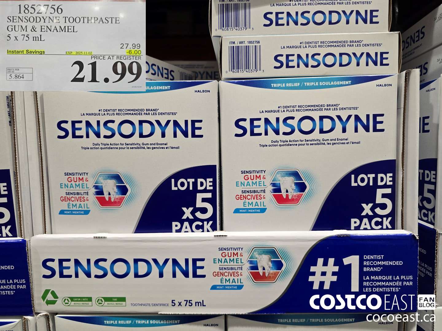 1852756 SENSODYNE TOOTHPASTE GUM & ENAMEL 5 X 75 ML ($6.00 INSTANT SAVINGS EXPIRES ON 2025-11-02) $21.99