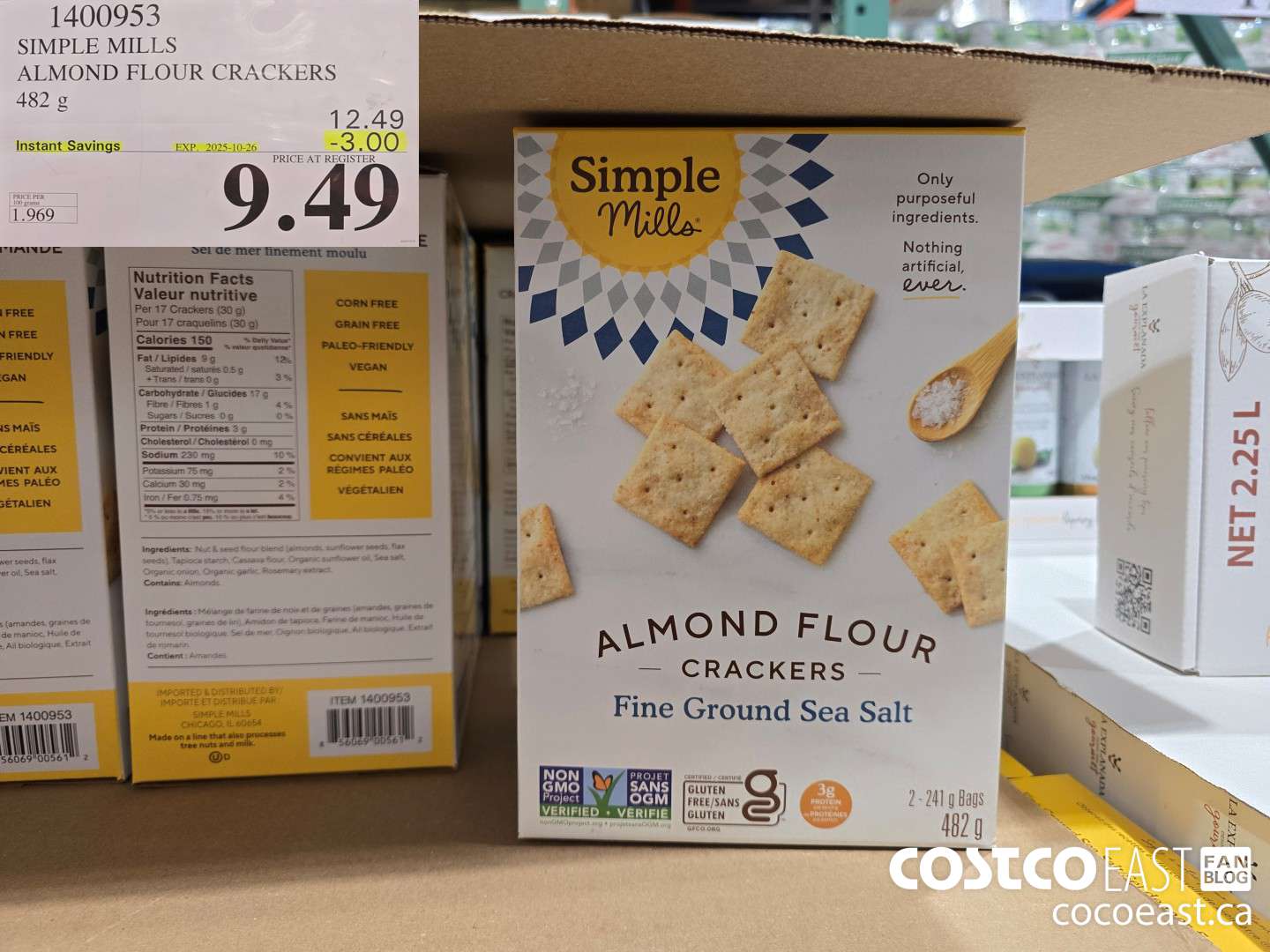 1400953 SIMPLE MILLS ALMOND FLOUR CRACKERS 482 G ($3.00 INSTANT SAVINGS EXPIRES ON 2025-10-26) $9.49