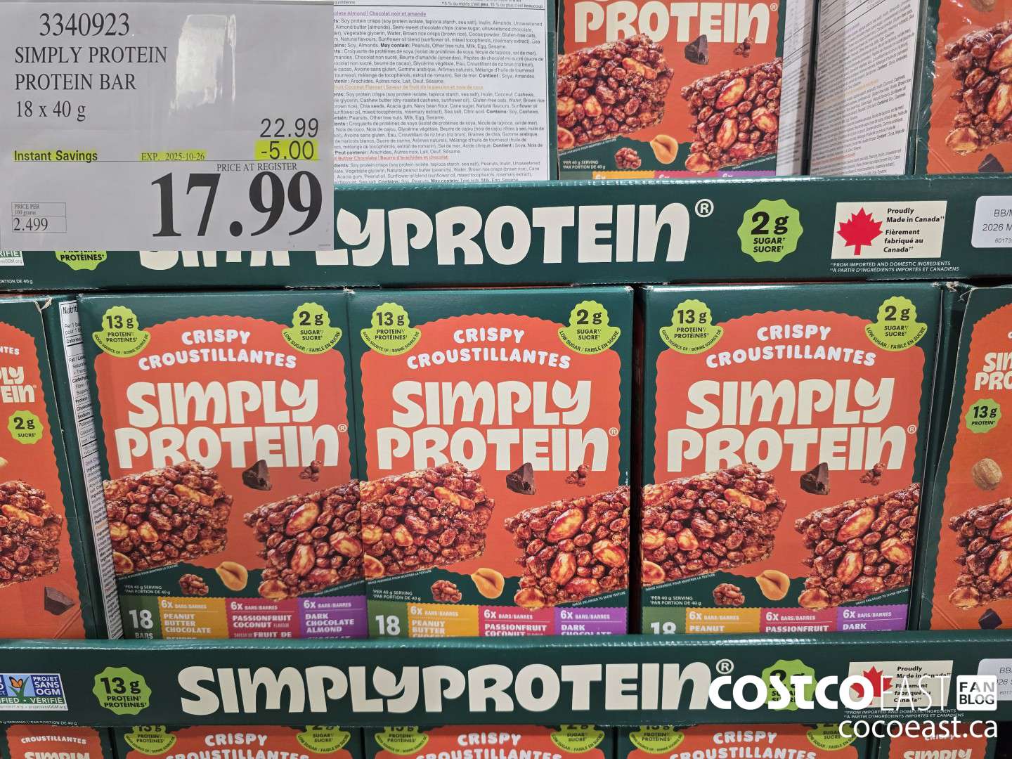 3340923 SIMPLY PROTEIN PROTEIN BAR 18 x 40 g ($5.00 INSTANT SAVINGS EXPIRES ON 2025-10-26) $17.99