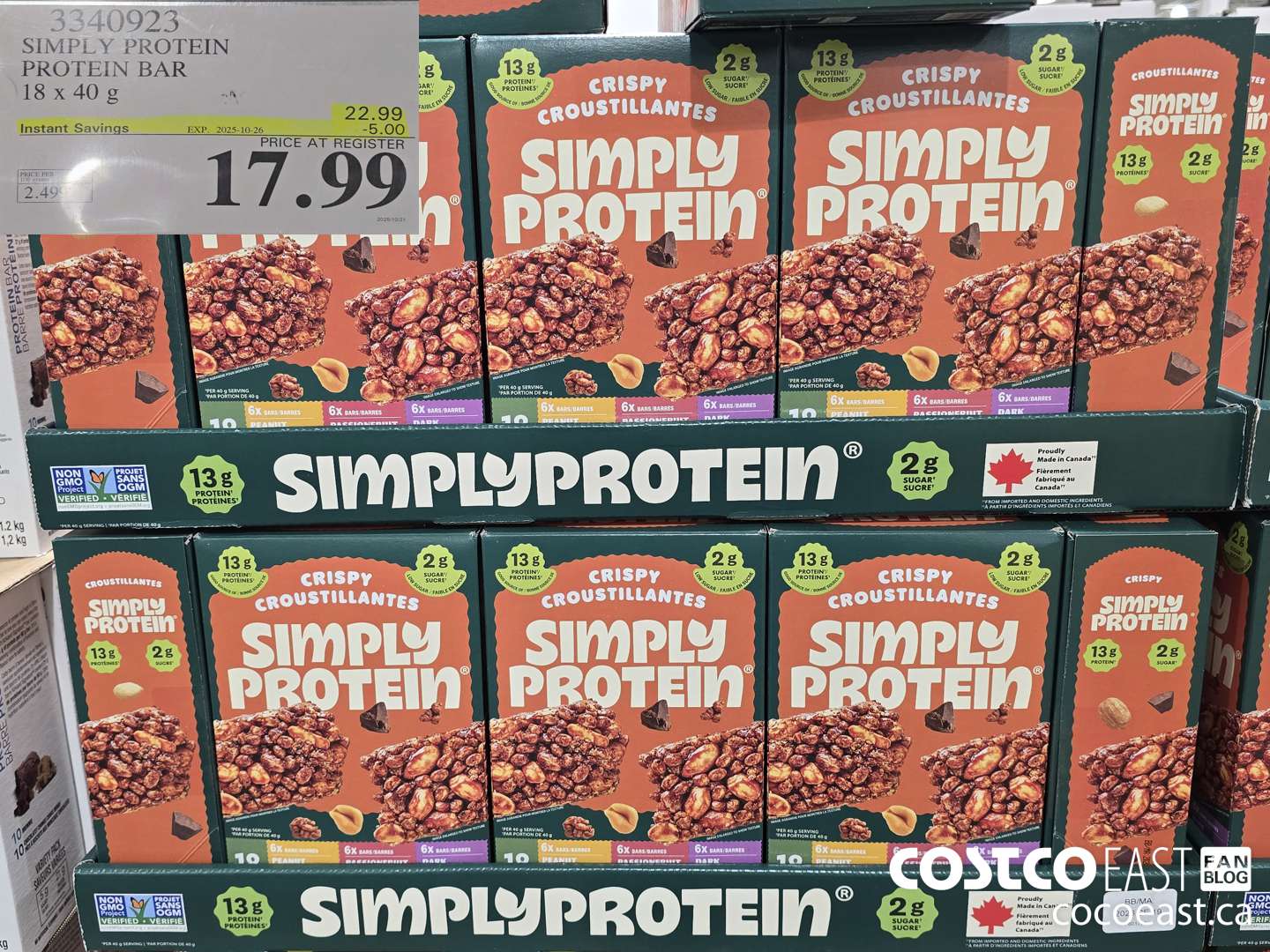 3340923 SIMPLY PROTEIN PROTEIN BAR 18 x 40 g ($5.00 INSTANT SAVINGS EXPIRES ON 2025-10-26) $17.99