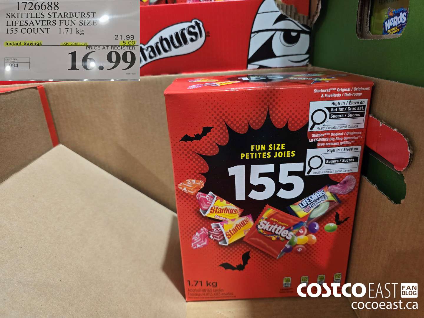 1726688 SKITTLES STARBURST LIFESAVERS FUN SIZE 155 COUNT 1.71KG ($5.00 INSTANT SAVINGS EXPIRES ON 2025-10-26) $16.99