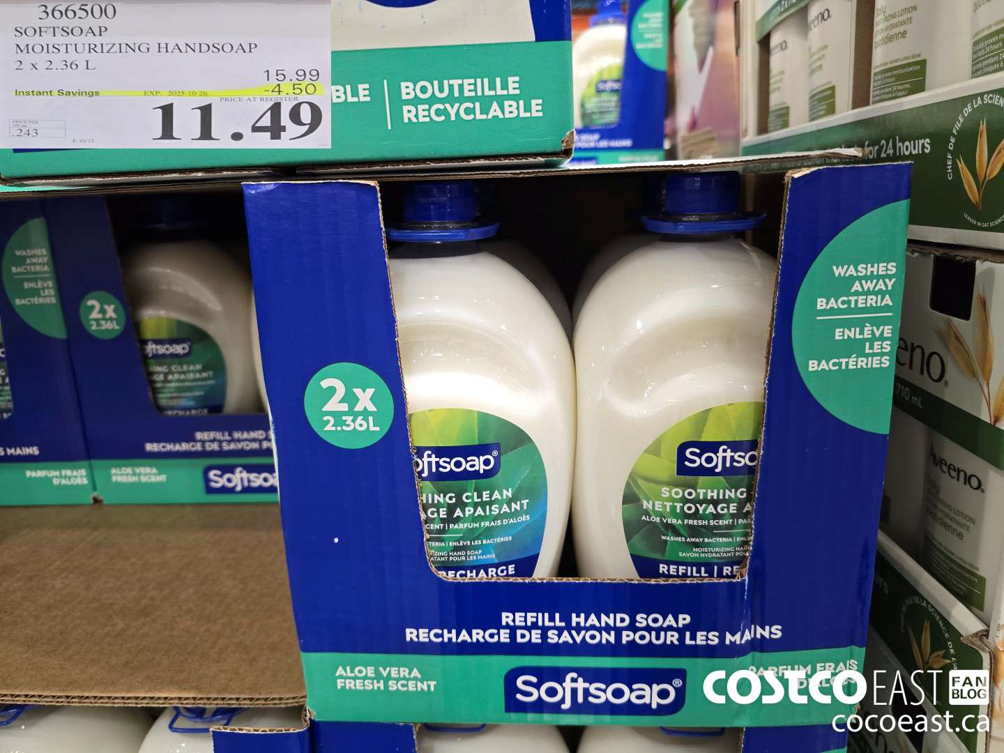 366500 SOFTSOAP HANDSOAP WITH ALOE 2 X 2.36 L ($4.50 INSTANT SAVINGS EXPIRES ON 2025-10-26) $11.49