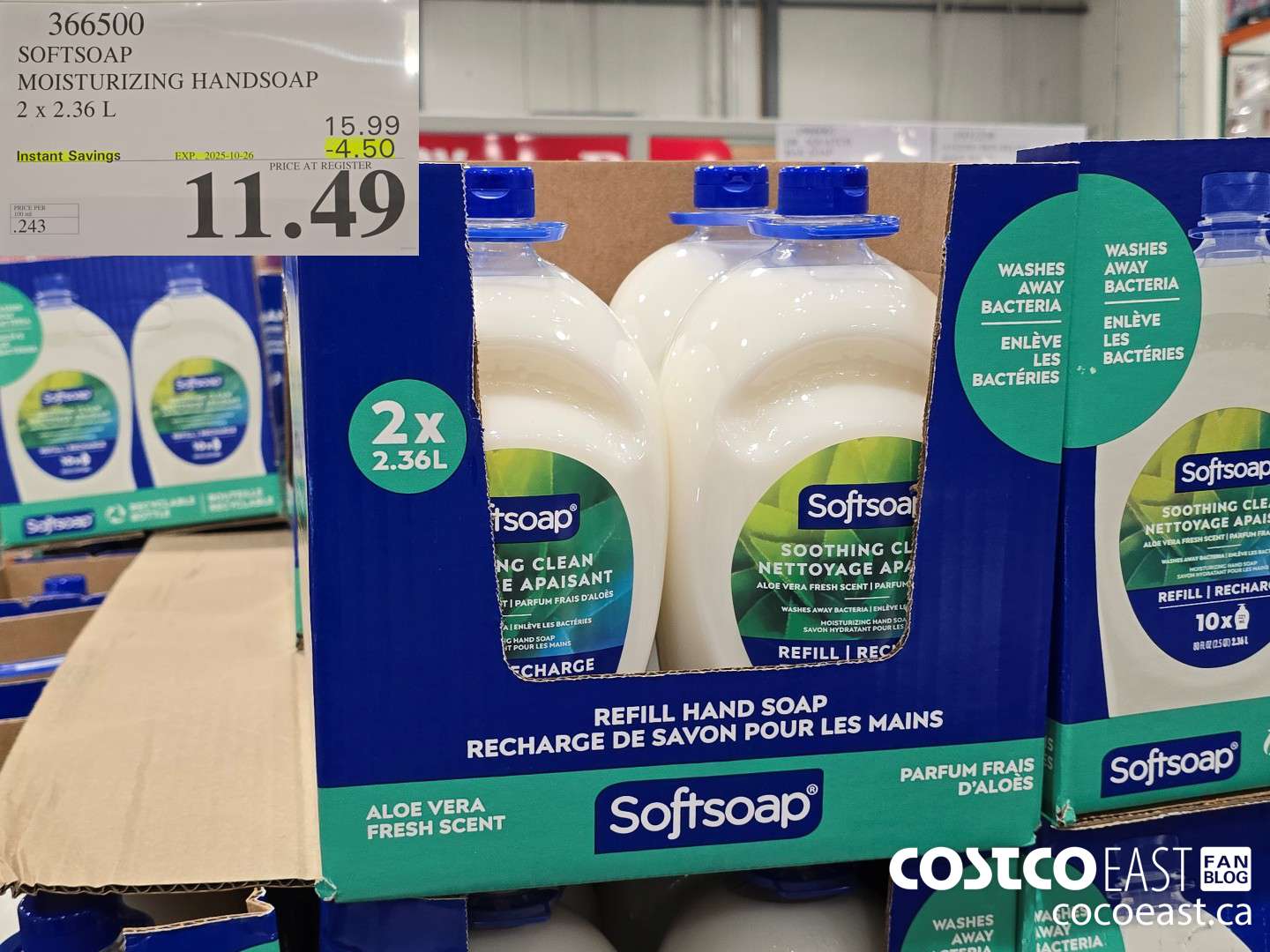 366500 SOFTSOAP HANDSOAP WITH ALOE 2 X 2.36 L ($4.50 INSTANT SAVINGS EXPIRES ON 2025-10-26) $11.49