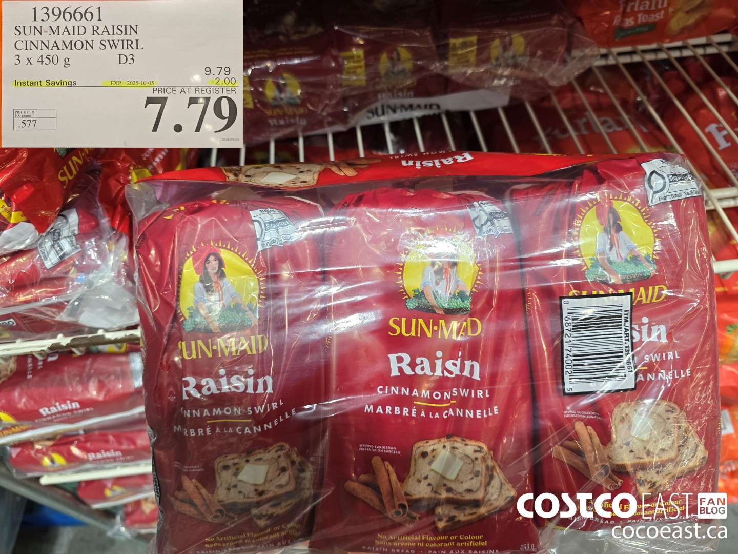 1396661 SUN-MAID RAISIN CINNAMON SWIRL 3 x 450 g ($2.00 INSTANT SAVINGS EXPIRES ON 2025-10-05) $7.79