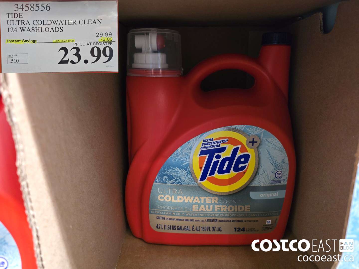 3458556 TIDE ULTRA COLDWATER CLEAN 124 WASHLOADS ($6.00 INSTANT SAVINGS EXPIRES ON 2025-10-26) $23.99