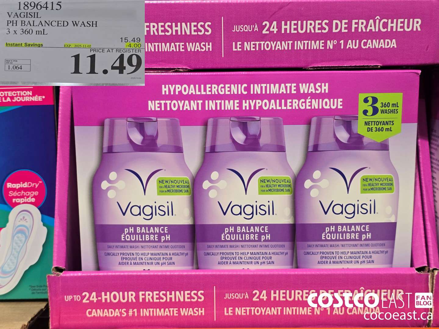 1896415 VAGISIL PH BALANCED WASH 3 x 360 mL ($4.00 INSTANT SAVINGS EXPIRES ON 2025-11-02) $11.49