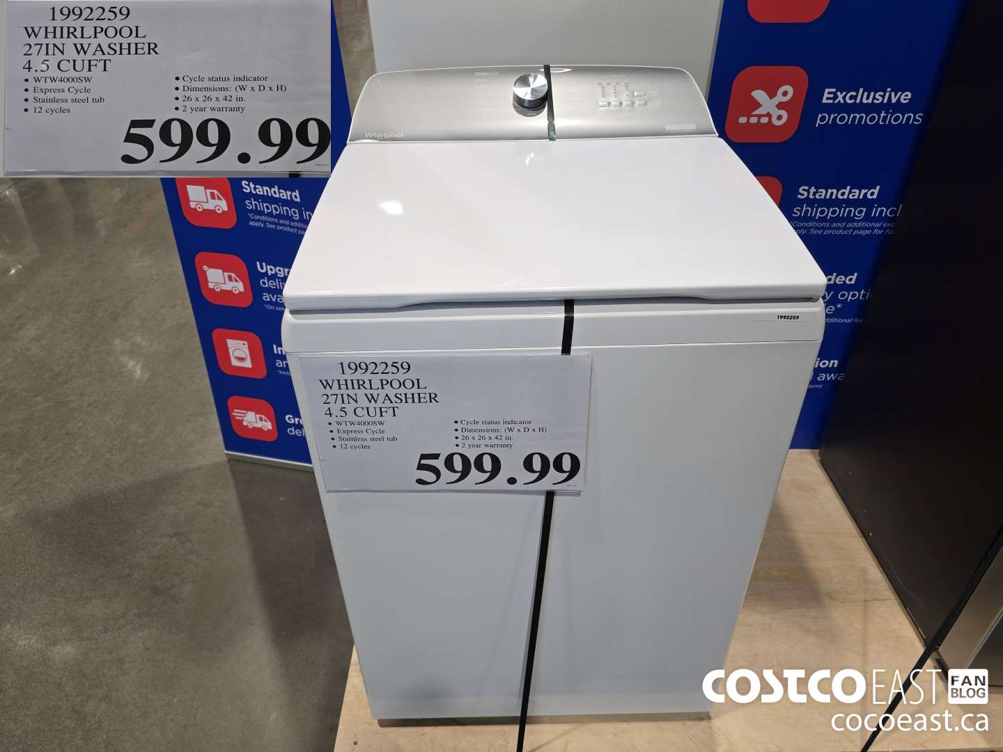 1992259 WHIRLPOOL 27IN WASHER 4.5 CUFT $599.99