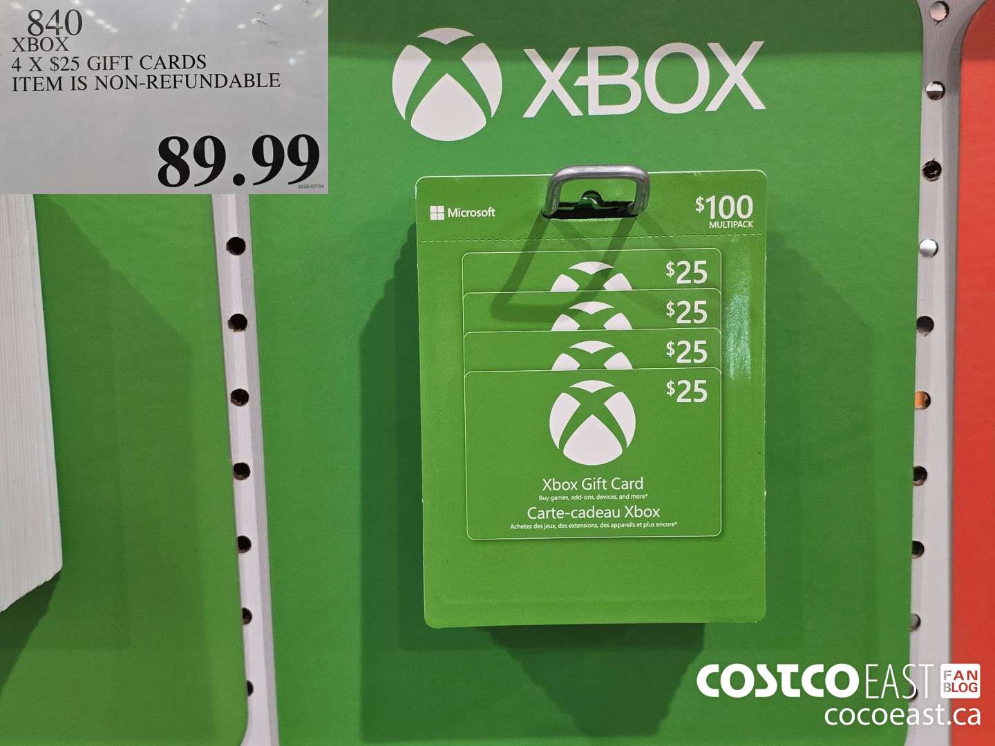 840 X-BOX 4 X $25 E-GIFT CARDS ITEM IS NON-REFUNDABLE  $89.99