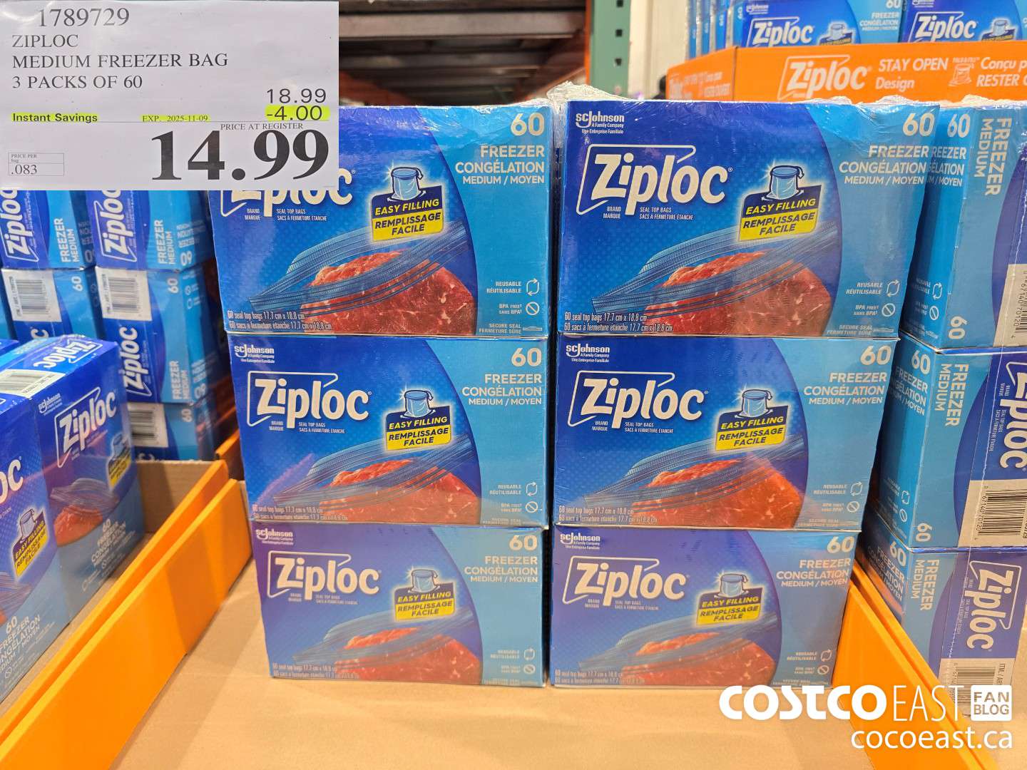 1789729 ZIPLOC MEDIUM FREEZER BAG 3 PACKS OF 60 ($4.00 INSTANT SAVINGS EXPIRES ON 2025-11-09) $14.99