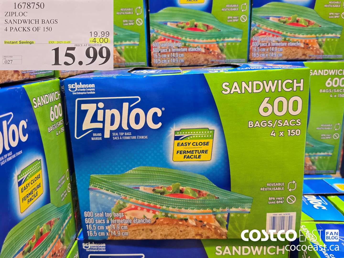 1678750 ZIPLOC SANDWICH BAGS 4 PACKS OF 150 ($4.00 INSTANT SAVINGS EXPIRES ON 2025-11-09) $15.99