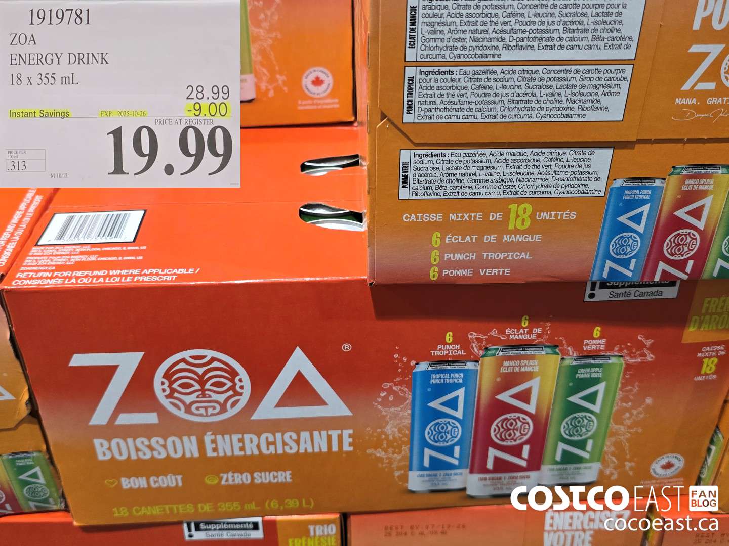 1919781 ZOA ENERGY DRINK 18 X 355 ML ($9.00 INSTANT SAVINGS EXPIRES ON 2025-10-26) $19.99