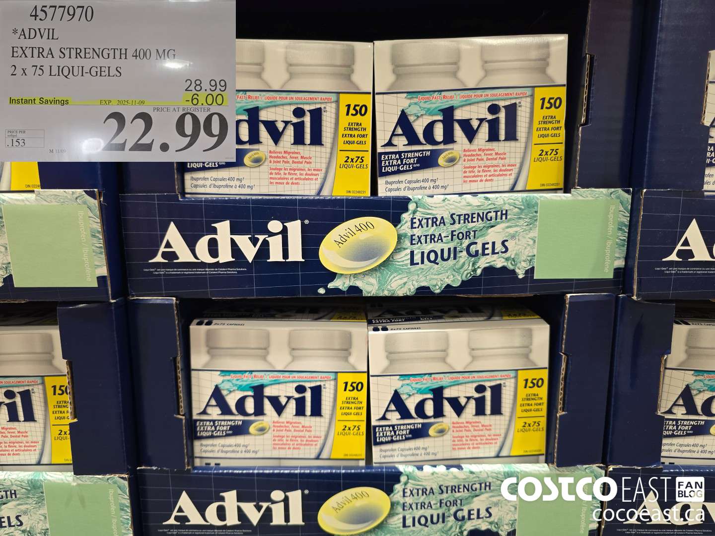 4577970 ADVIL EXTRA STRENGTH 400 MG 2 X 75 LIQUI-GELS ($6.00 INSTANT SAVINGS EXPIRES ON 2025-11-09) $22.99