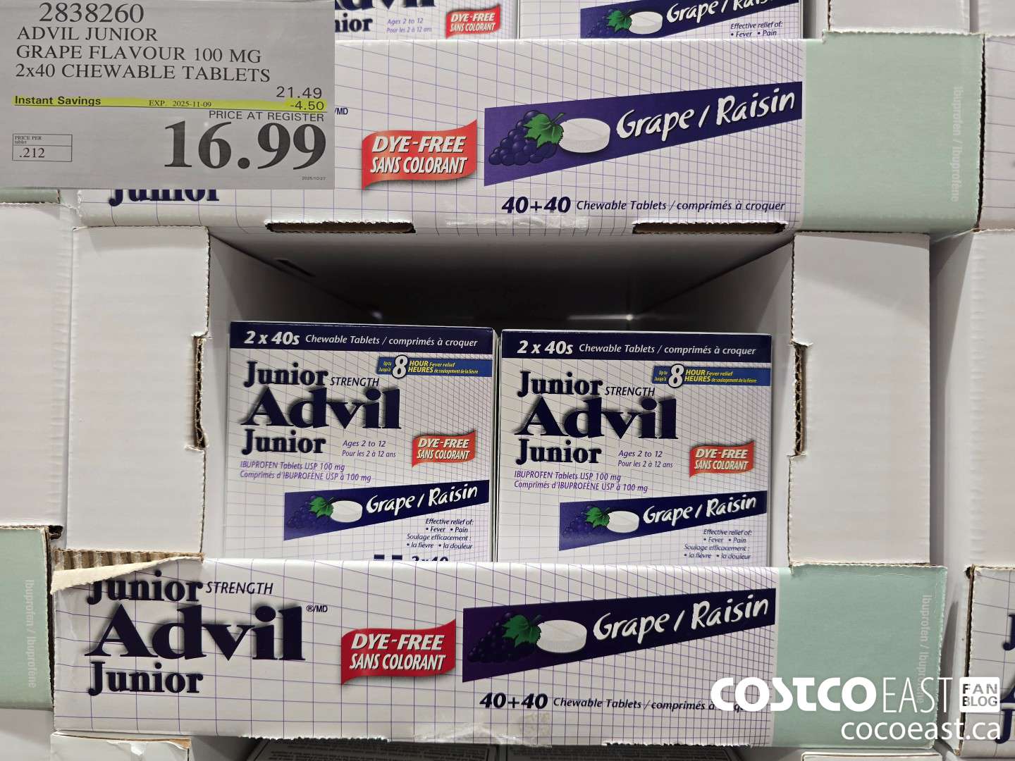 2838260 ADVIL JUNIOR GRAPE FLAVOUR 100 MG 2 X 40'S CHEWABLE TABLETS ($4.50 INSTANT SAVINGS EXPIRES ON 2025-11-09) $16.99