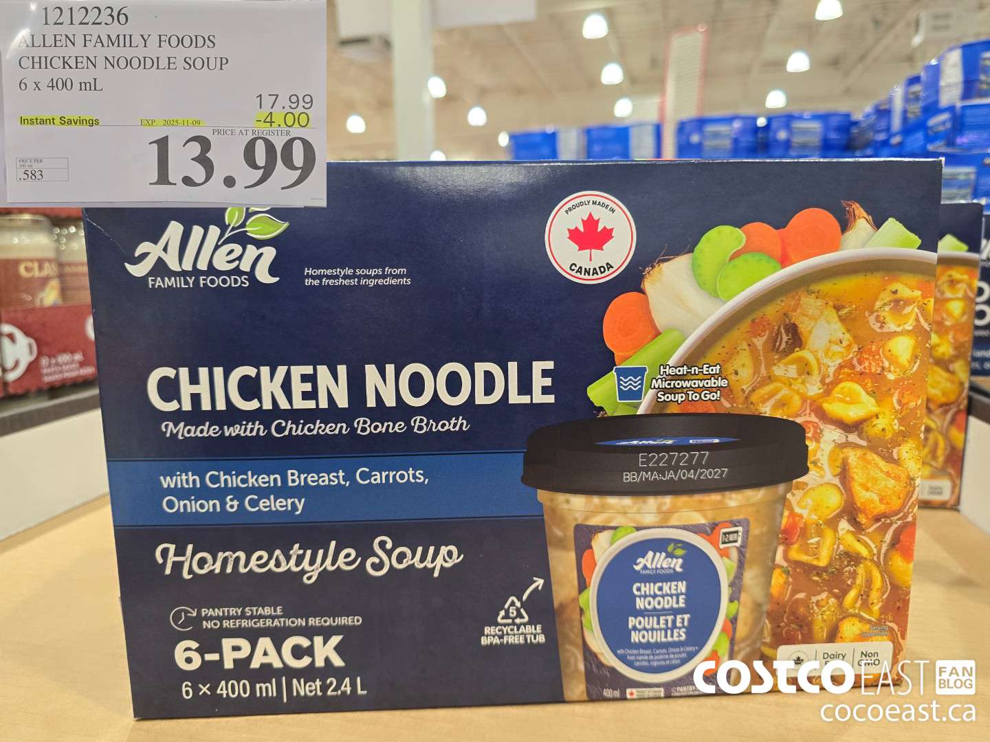 1212236 ALLEN FAMILY FOODS CHICKEN NOODLE SOUP 6 x 400 mL ($4.00 INSTANT SAVINGS EXPIRES ON 2025-11-09) $13.99