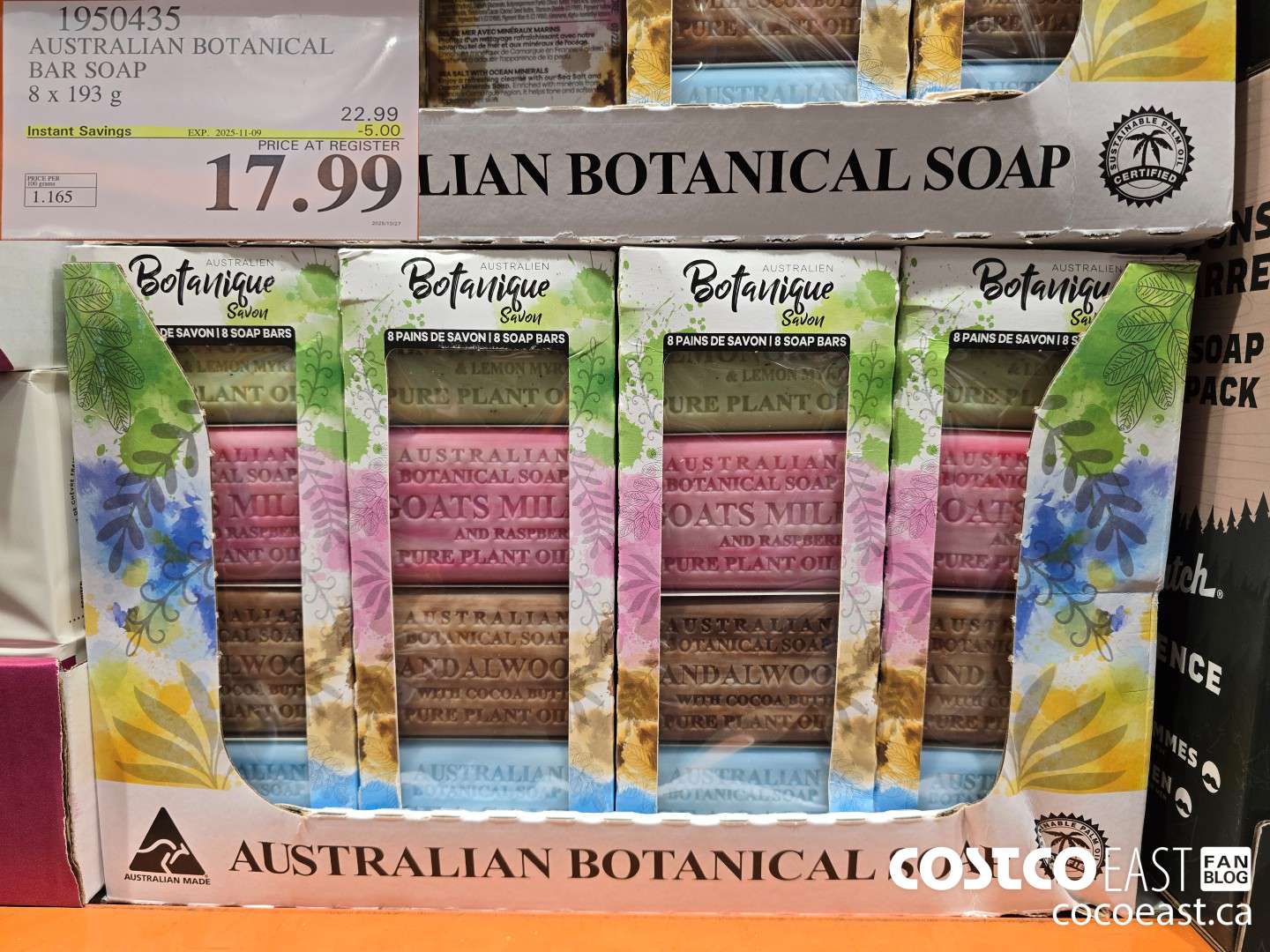 1950435 AUSTRALIAN BOTANICAL BAR SOAP 8 X 193 G ($5.00 INSTANT SAVINGS EXPIRES ON 2025-11-09) $17.99