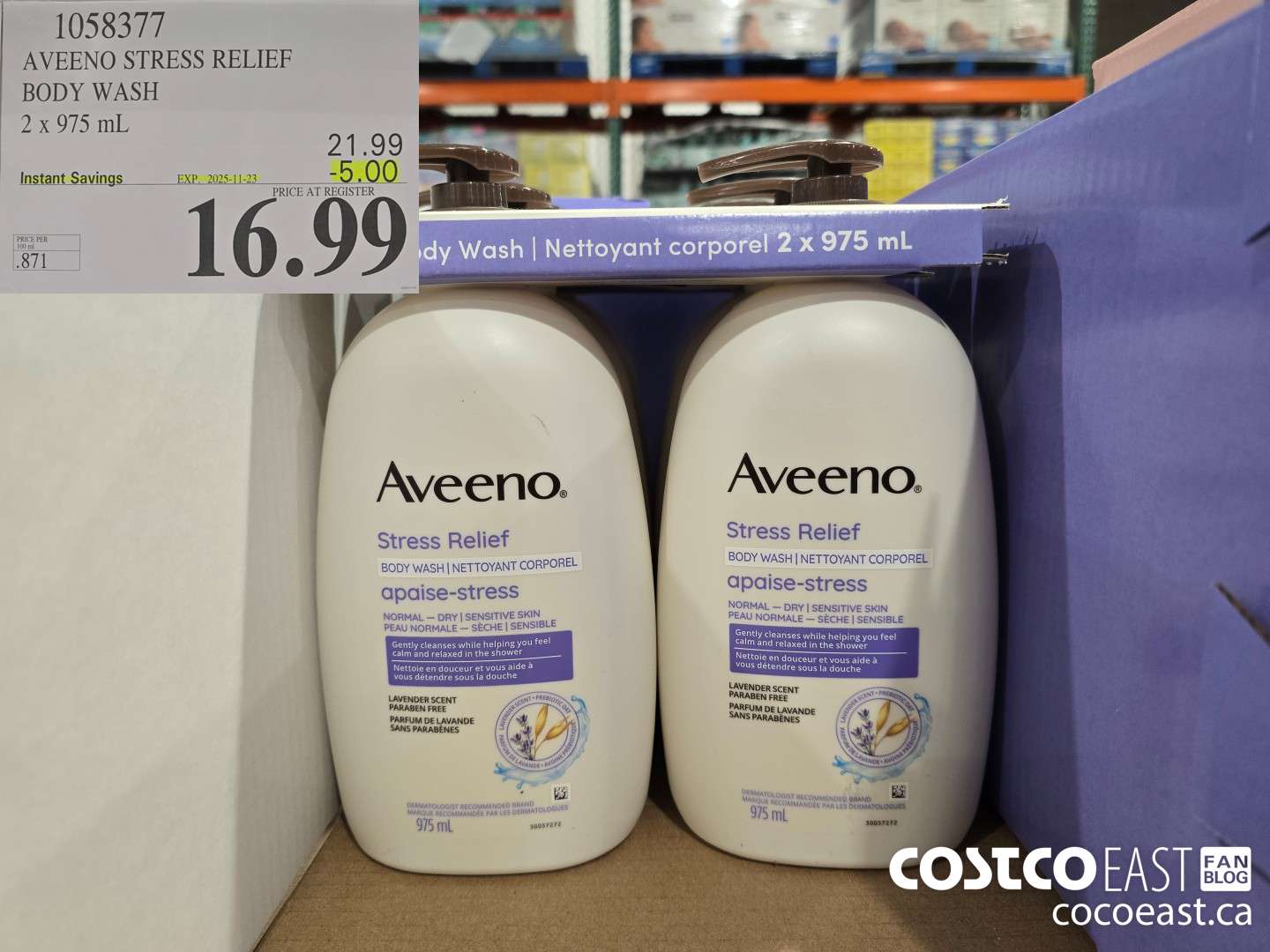 1058377 AVEENO RELIEF BODY WASH 2 x 975 mL ($5.00 INSTANT SAVINGS EXPIRES ON 2025-11-23) $16.99