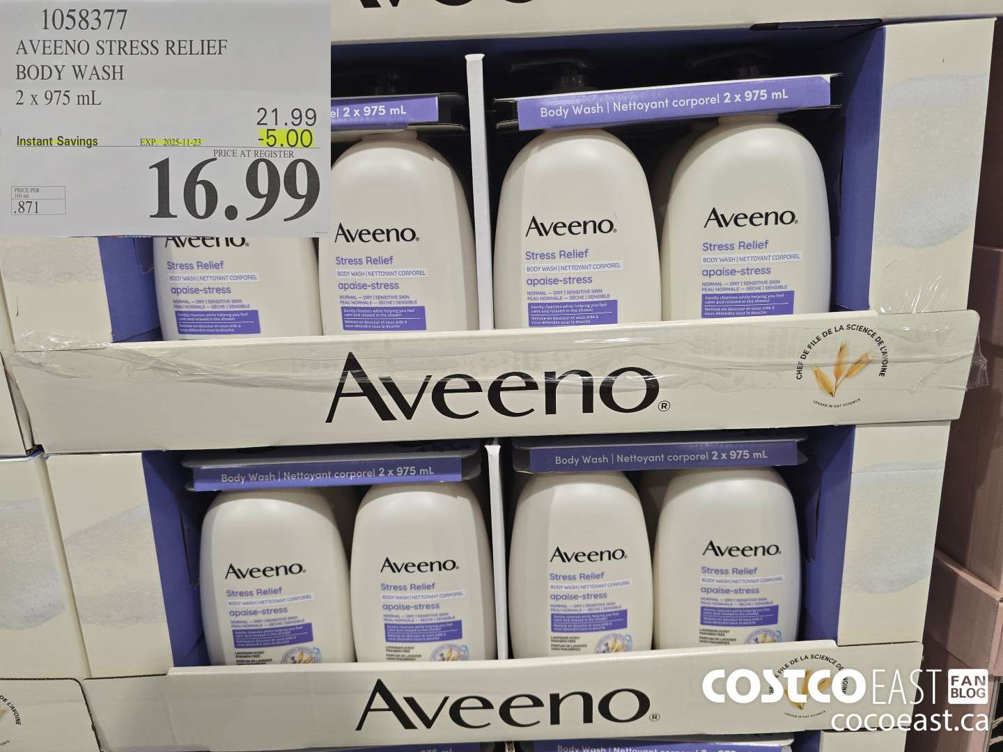 1058377 AVEENO RELIEF BODY WASH 2 x 975 mL ($5.00 INSTANT SAVINGS EXPIRES ON 2025-11-23) $16.99