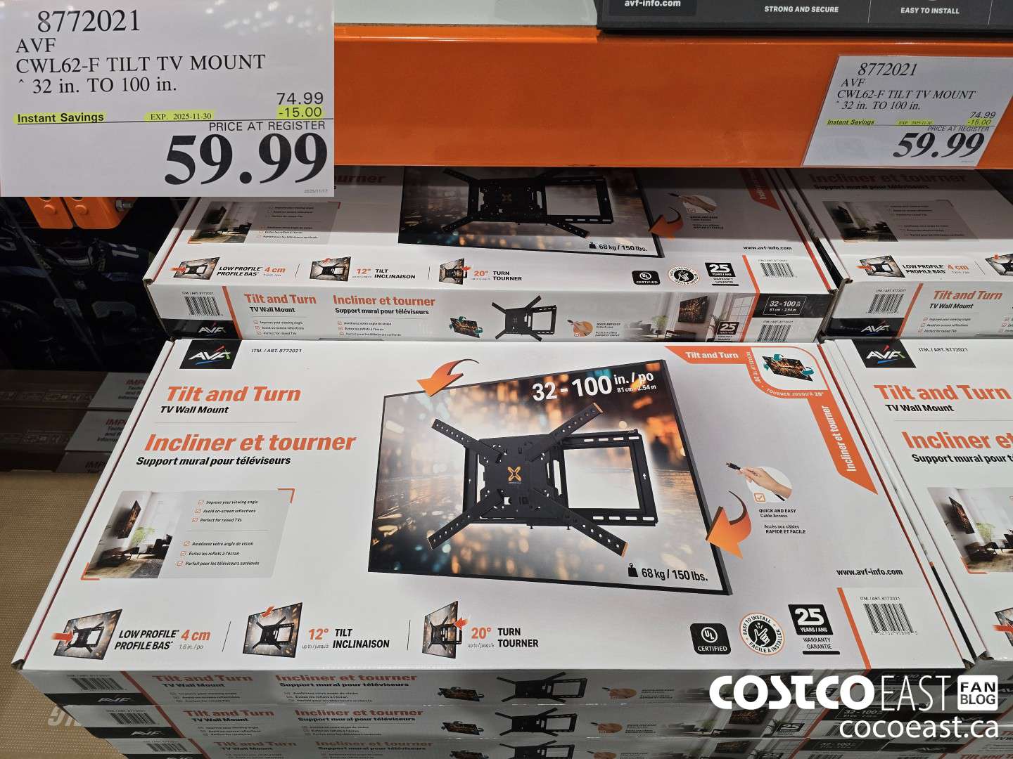 8772021 AVF CWL62-F TILT TV MOUNT 32 in. TO 100 in. ($15.00 INSTANT SAVINGS EXPIRES ON 2025-11-30) $59.99