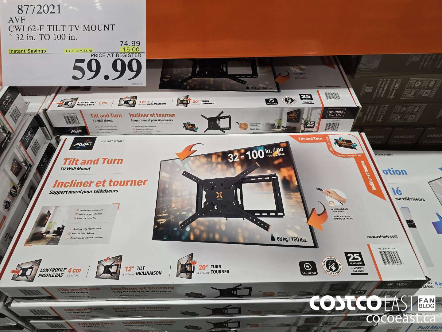 8772021 AVF CWL62-F TILT TV MOUNT 32 in. TO 100 in. ($15.00 INSTANT SAVINGS EXPIRES ON 2025-11-30) $59.99