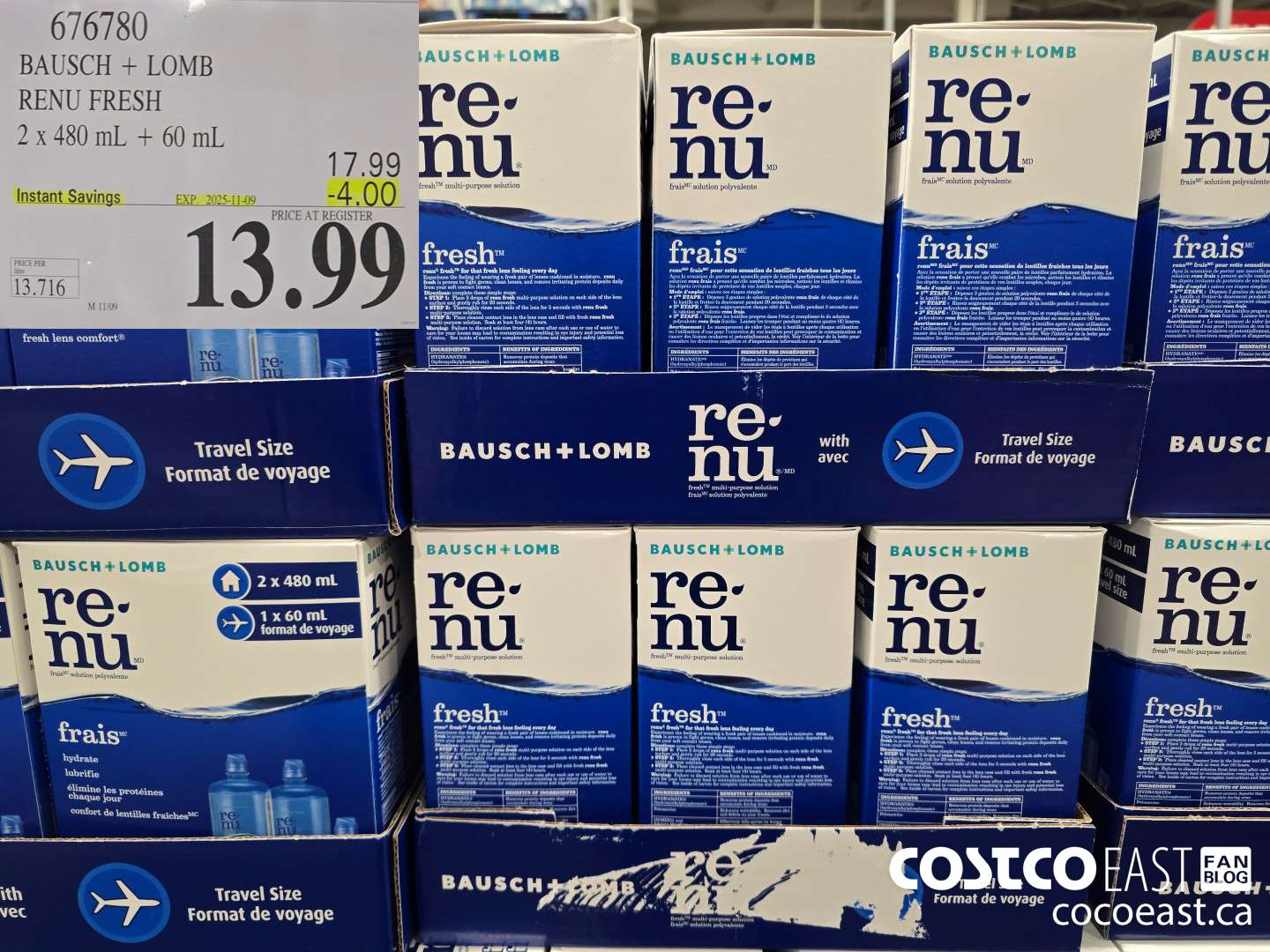 676780 BAUSCH & LOMB RENU FRESH 2x 480 mL + 60 mL ($4.00 INSTANT SAVINGS EXPIRES ON 2025-11-09) $13.99