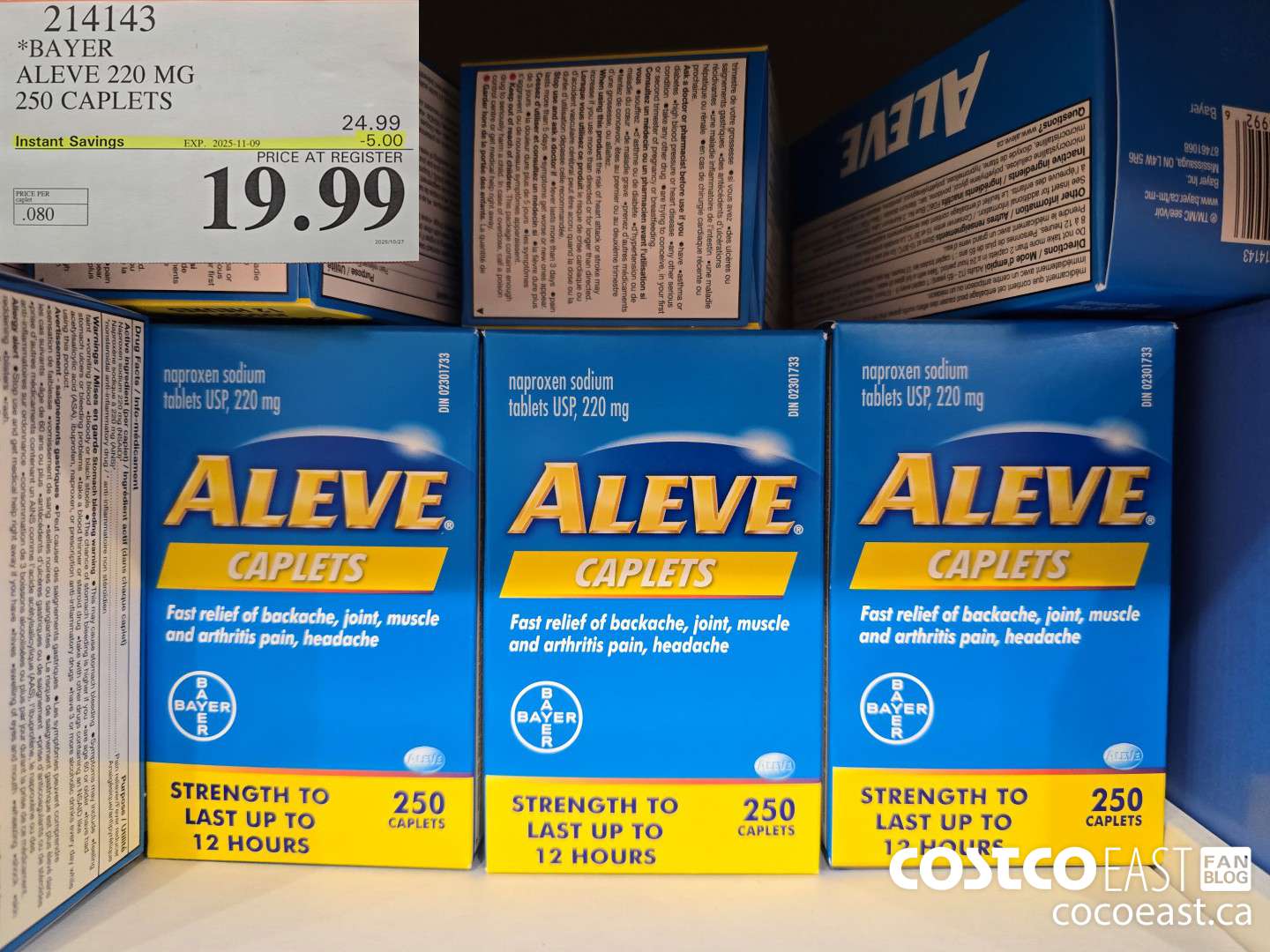 214143 BAYER ALEVE 220 MG 250 CAPLETS ($5.00 INSTANT SAVINGS EXPIRES ON 2025-11-09) $19.99