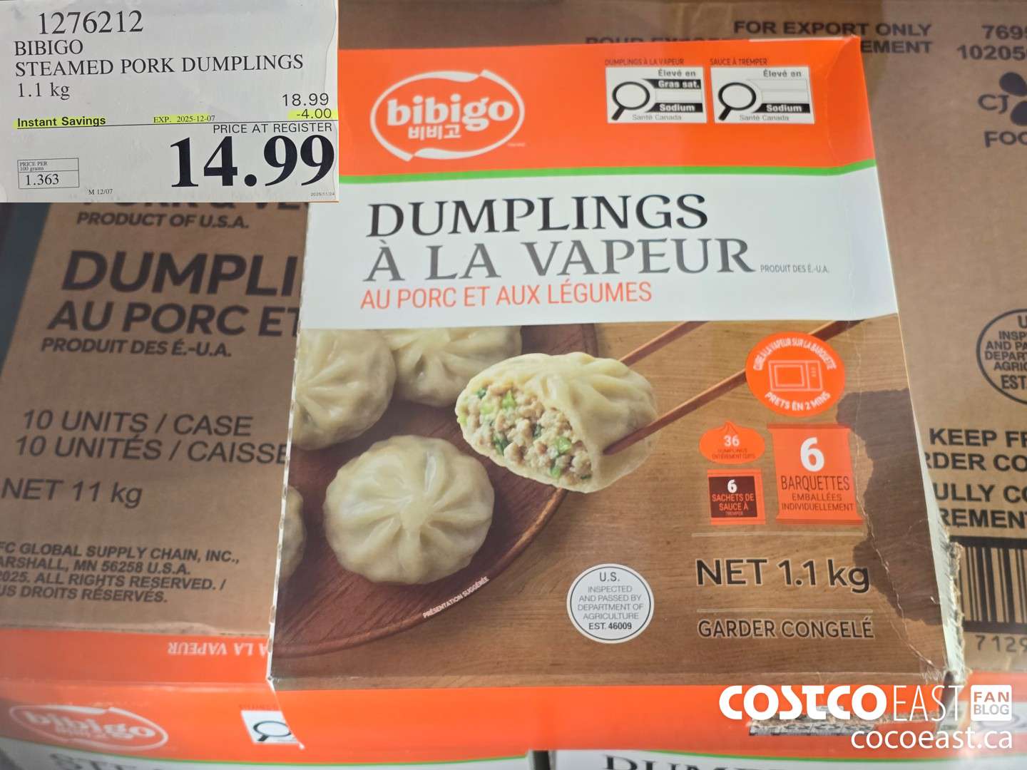1276212 BIBIGO STEAMED DUMPLINGS PORK 1.1 KG ($4.00 INSTANT SAVINGS EXPIRES ON 2025-12-07) $14.99