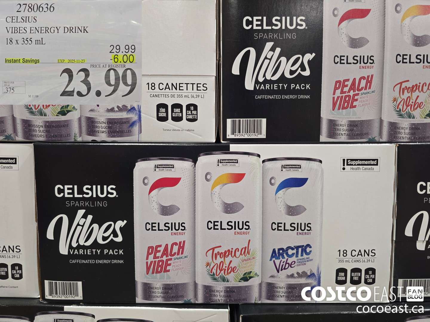 2780636 CELSIUS VIBES ENERGY DRINK 18 X 355 ML ($6.00 INSTANT SAVINGS EXPIRES ON 2025-11-23) $23.99