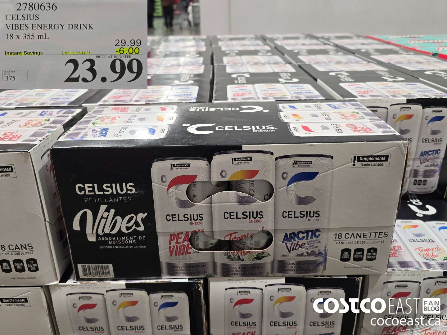 2780636 CELSIUS VIBES ENERGY DRINK 18 X 355 ML ($6.00 INSTANT SAVINGS EXPIRES ON 2025-11-23) $23.99
