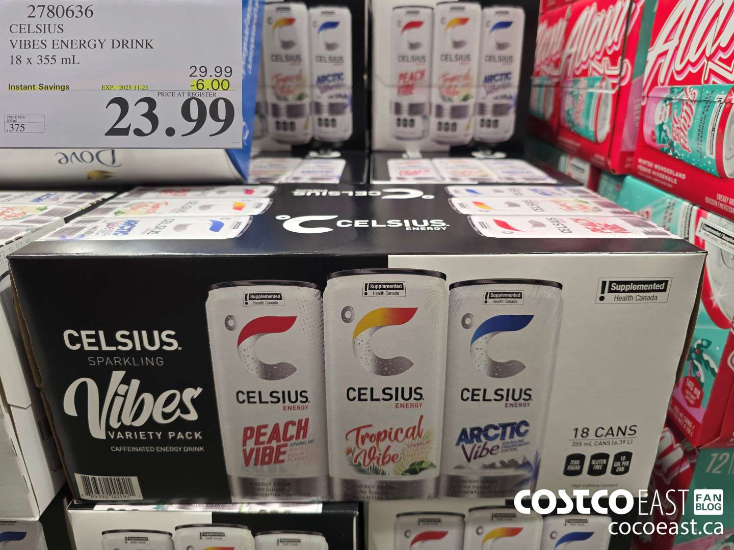 2780636 CELSIUS VIBES ENERGY DRINK 18 X 355 ML ($6.00 INSTANT SAVINGS EXPIRES ON 2025-11-23) $23.99
