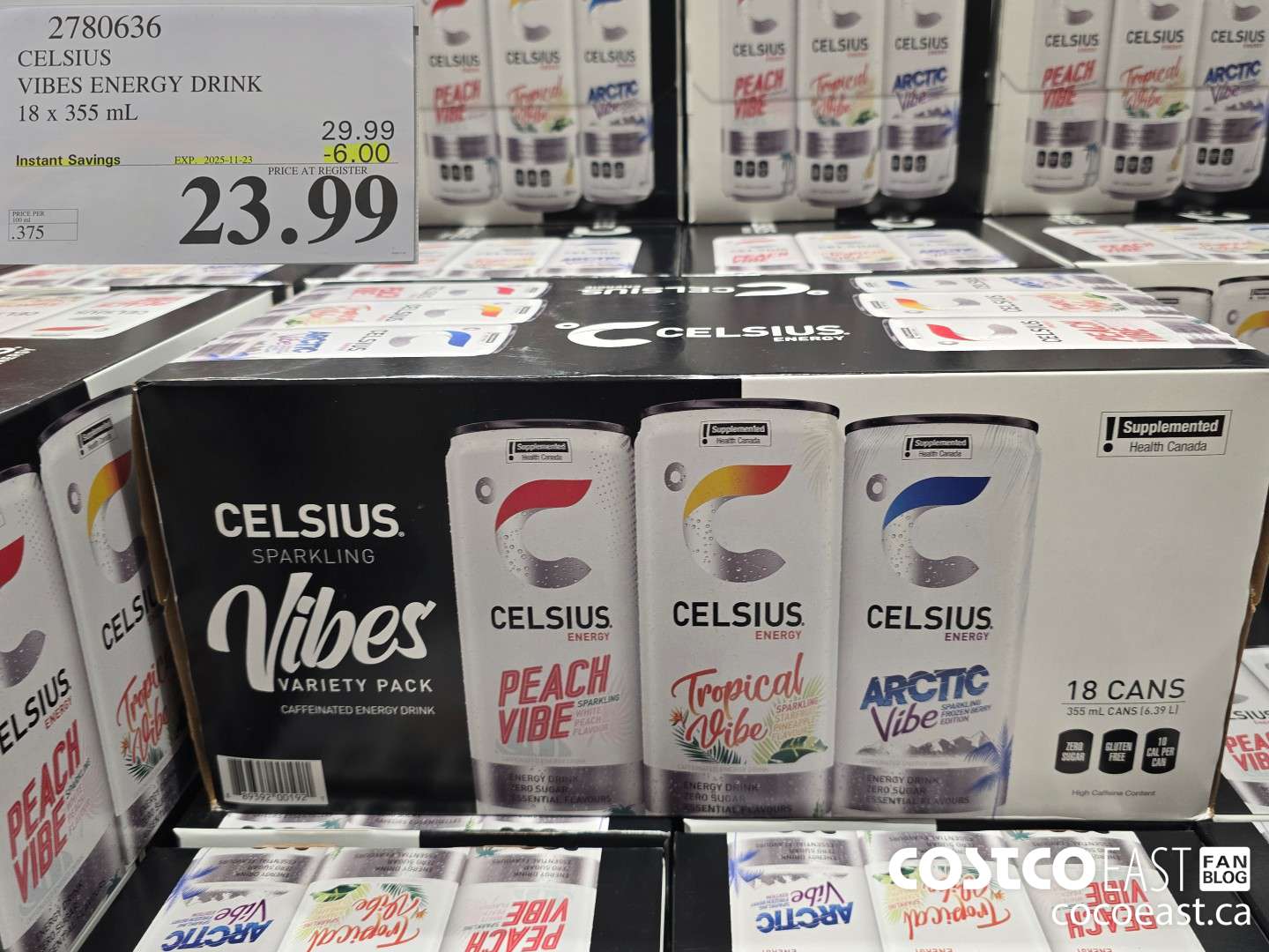 2780636 CELSIUS VIBES ENERGY DRINK 18 X 355 ML ($6.00 INSTANT SAVINGS EXPIRES ON 2025-11-23) $23.99