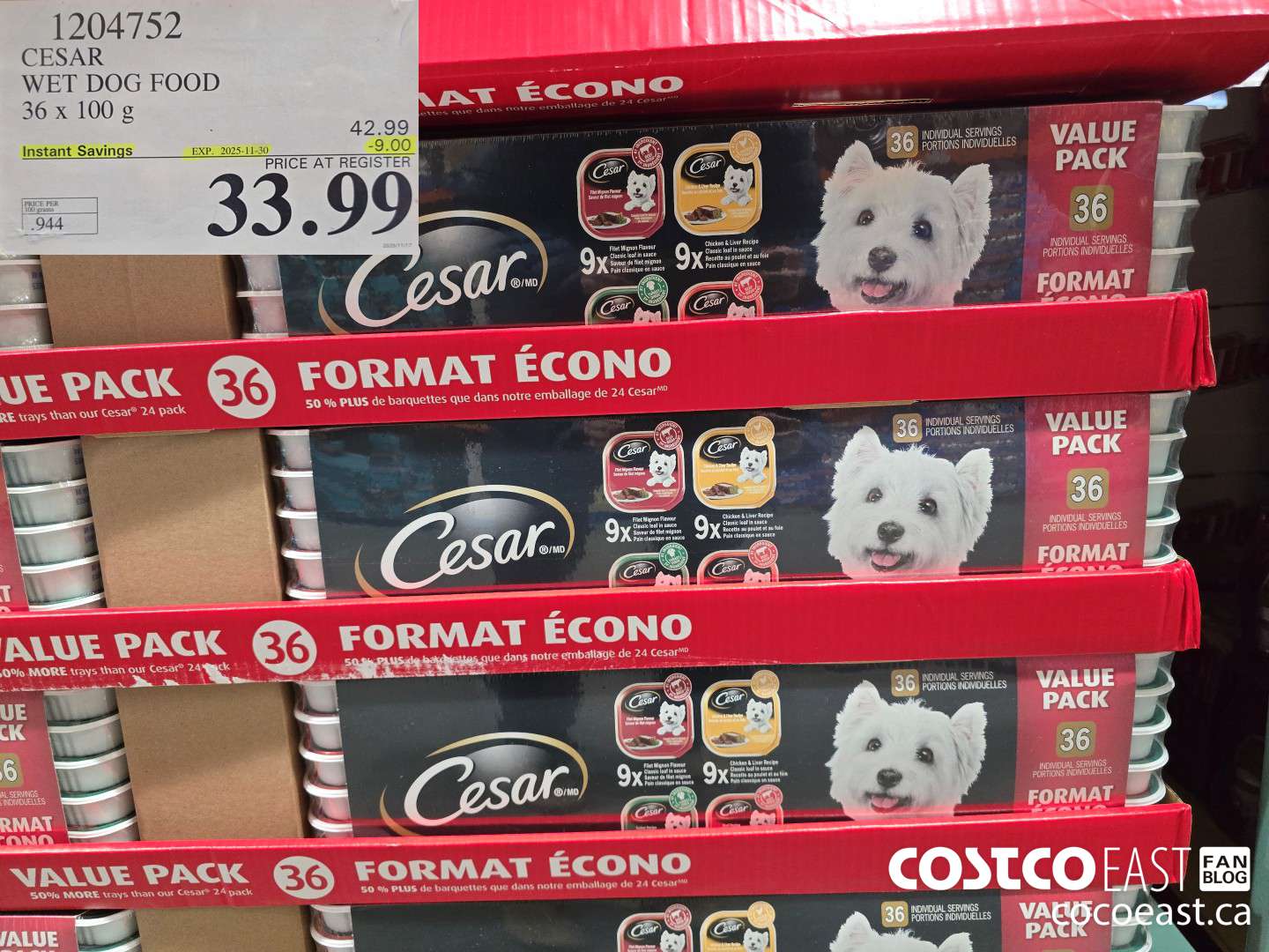 1204752 CESAR WET DOG FOOD 36 x 100 G  ($9.00 INSTANT SAVINGS EXPIRES ON 2025-11-30) $33.99