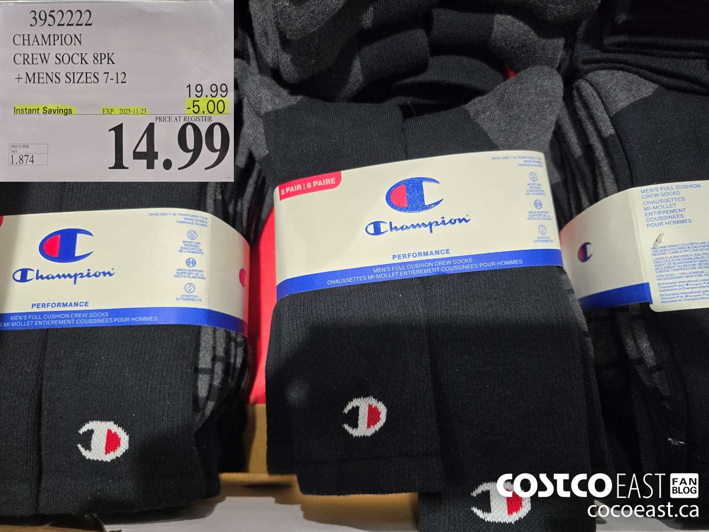 3952222 CHAMPION CREW SOCK 8PK +MENS SIZES 7-12 ($5.00 INSTANT SAVINGS EXPIRES ON 2025-11-23) $14.99
