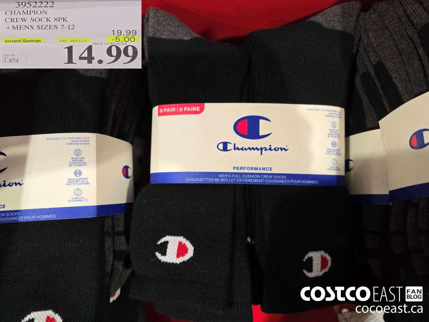 3952222 CHAMPION CREW SOCK 8PK +MENS SIZES 7-12 ($5.00 INSTANT SAVINGS EXPIRES ON 2025-12-21) $14.99