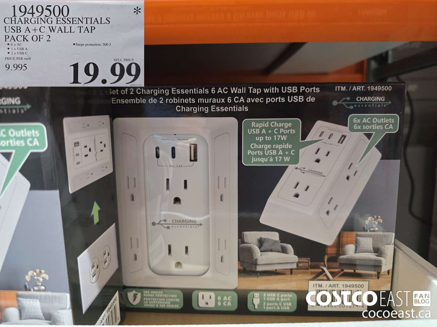 1949500 CHARGING ESSENTIALS USB A + C WALL TAP PACK OF 2 $19.99