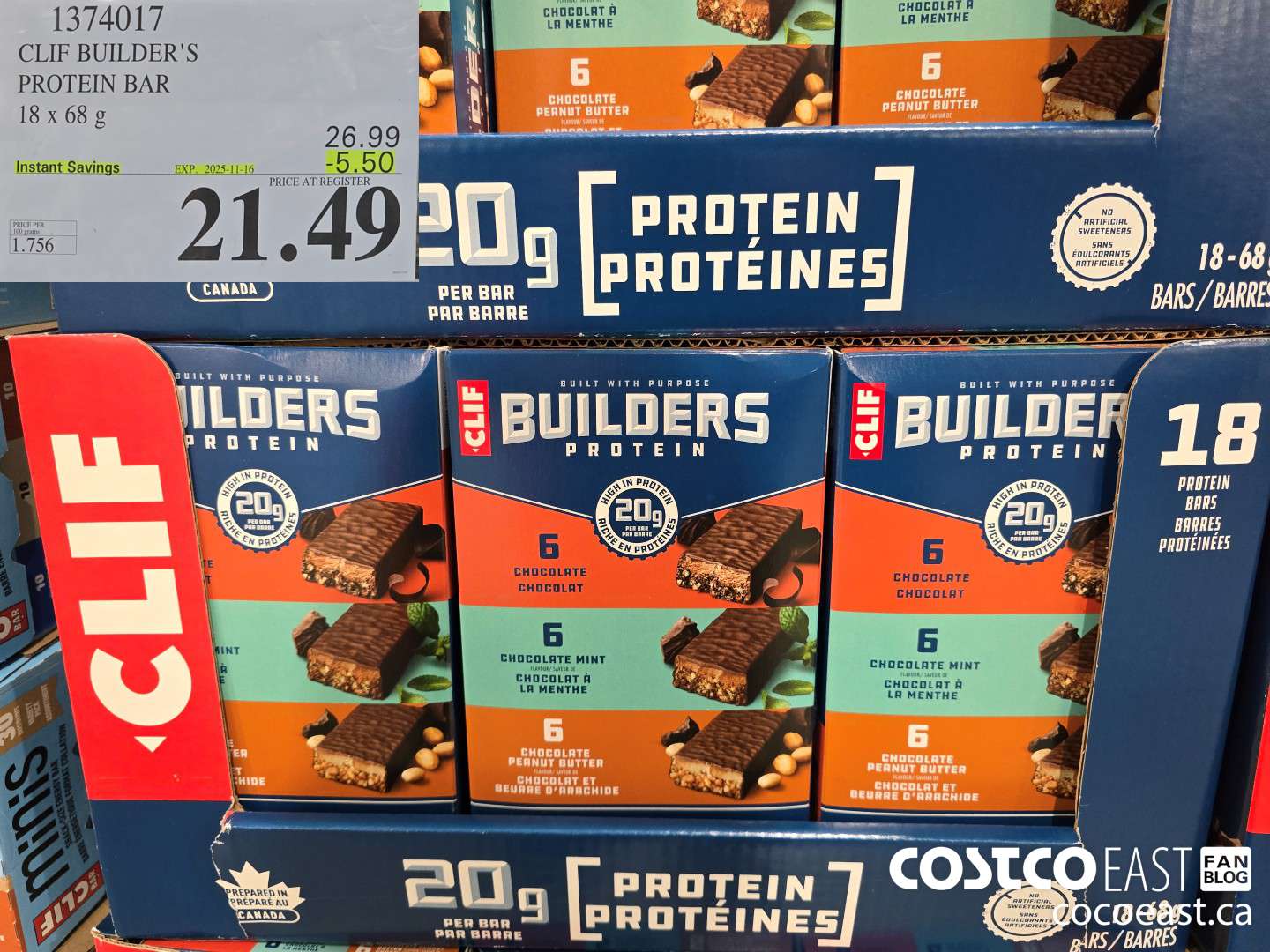 1374017 CLIF BUILDERS PROTEIN BARS 18 X 68 G ($5.50 INSTANT SAVINGS EXPIRES ON 2025-11-16) $21.49