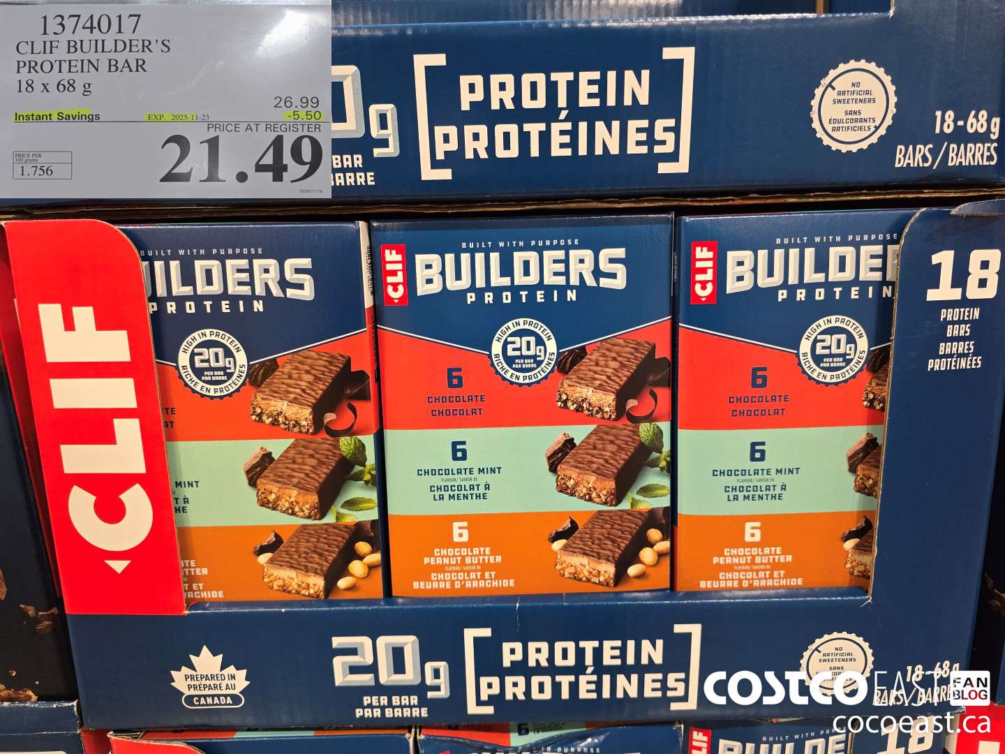 1374017 CLIF BUILDERS PROTEIN BARS 18 X 68 G ($5.50 INSTANT SAVINGS EXPIRES ON 2025-11-23) $21.49