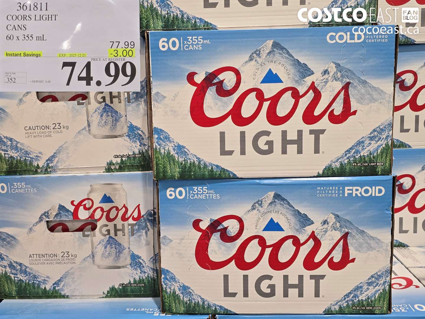 361811 COORS LIGHT CANS 60 x 355 ml ($3.00 INSTANT SAVINGS EXPIRES ON 2025-12-21) $74.99