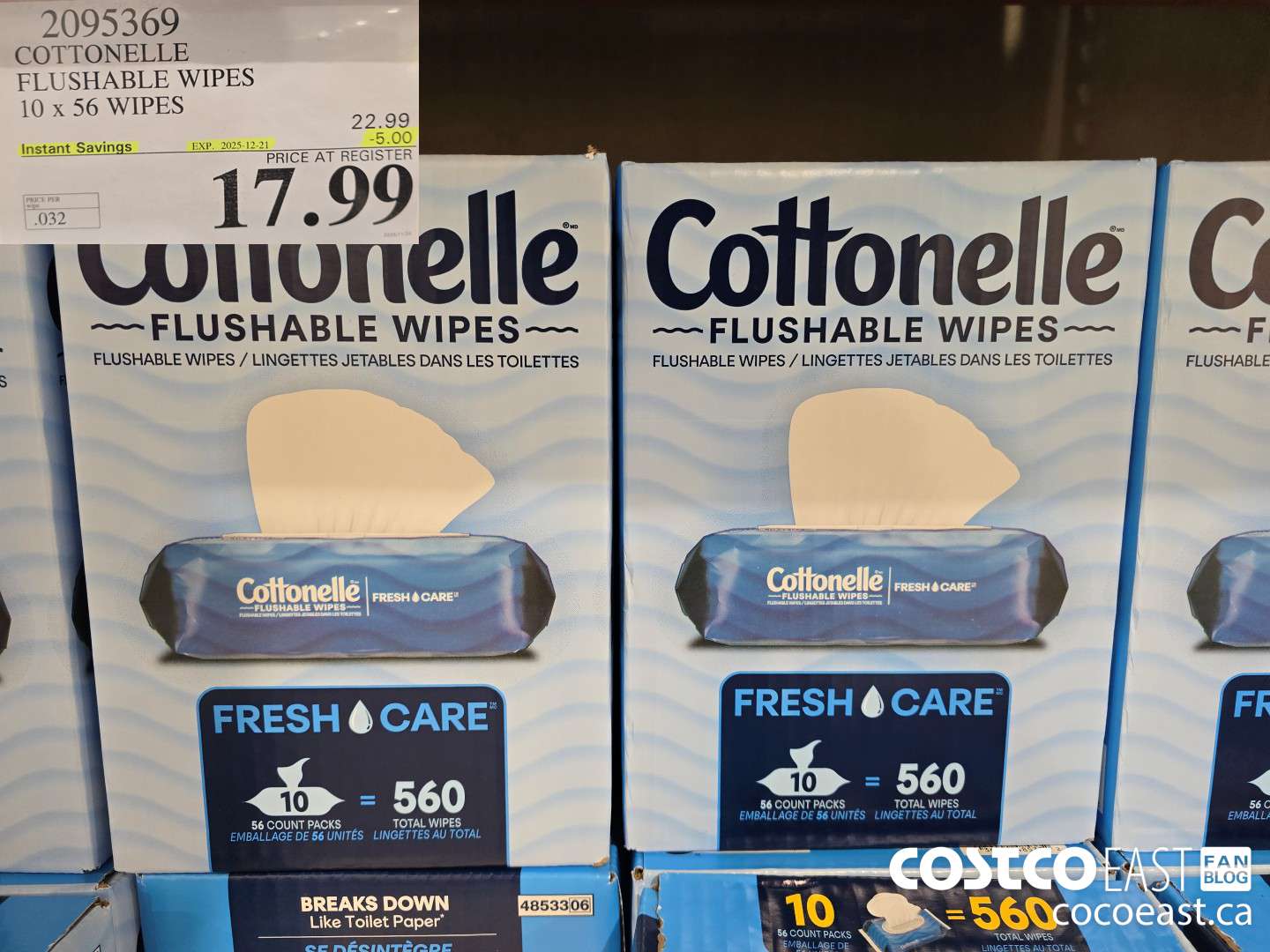 2095369 COTTONELLE FLUSHABLE WIPES 10 x 56 WIPES ($5.00 INSTANT SAVINGS EXPIRES ON 2025-12-21) $17.99