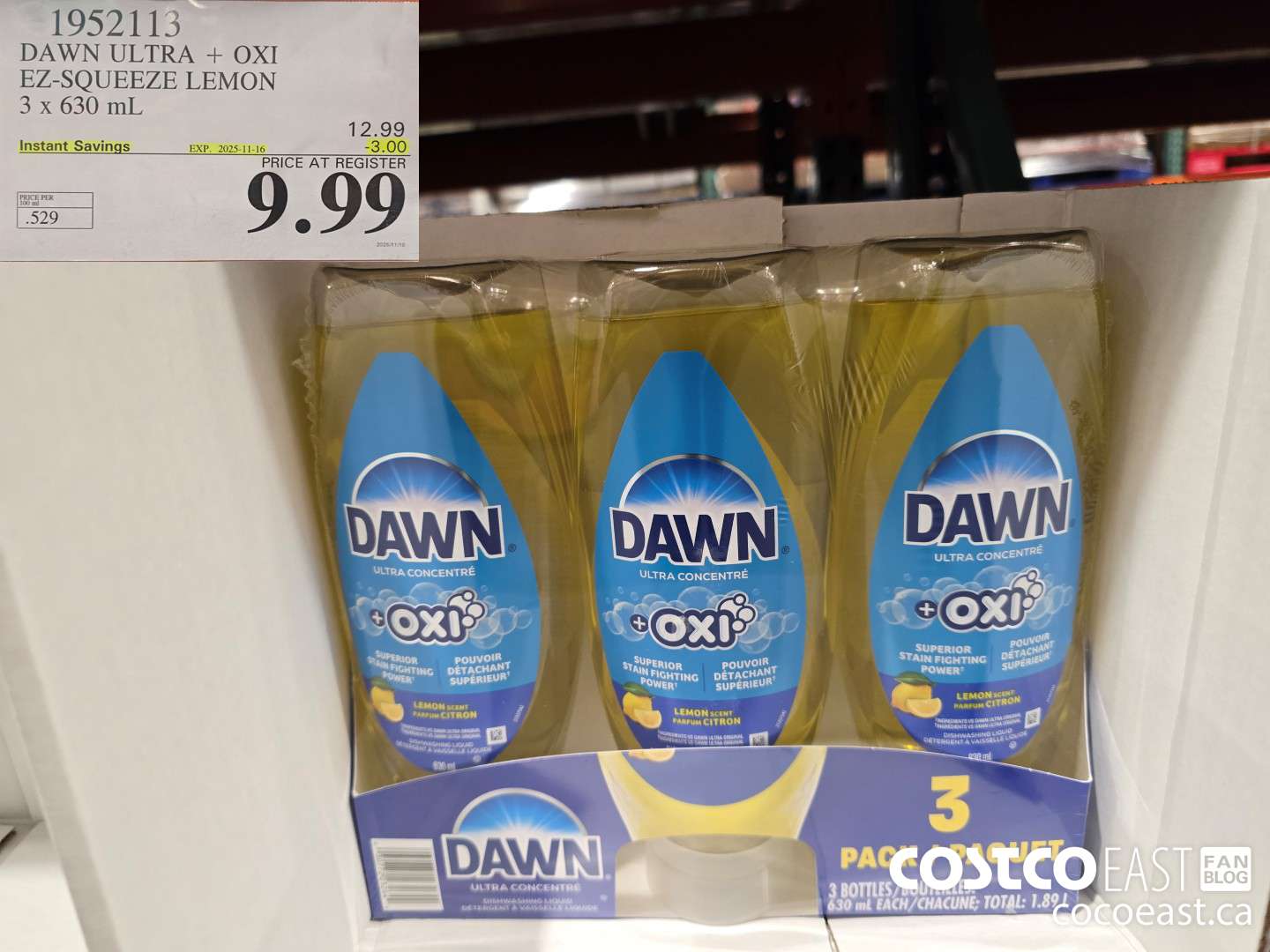 1952113 DAWN ULTRA + OXI EX-SQUEEZE LEMON 3 X 630 ML ($3.00 INSTANT SAVINGS EXPIRES ON 2025-11-16) $9.99