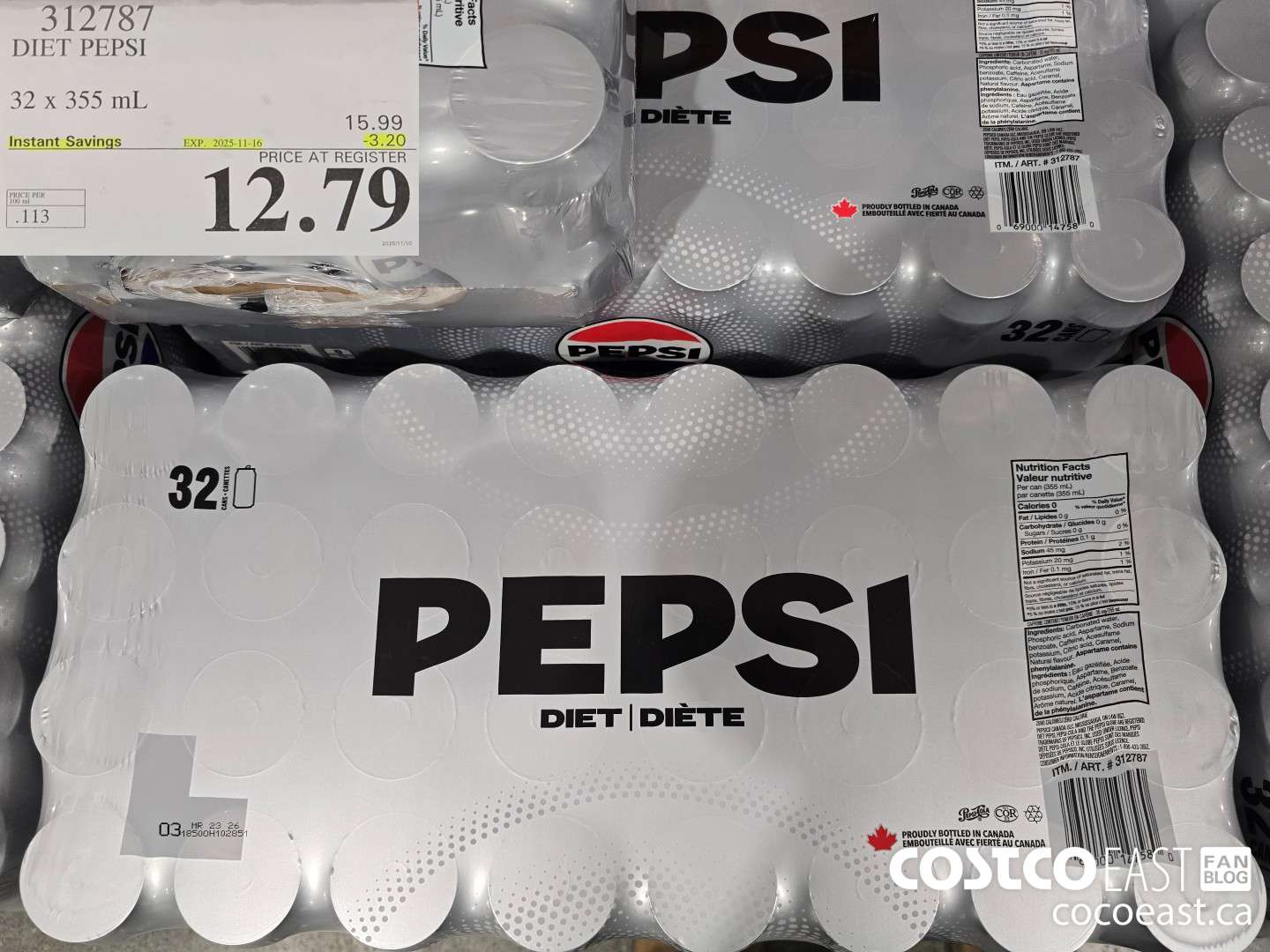 312787 DIET PEPSI 32 X 355 ML ($3.20 INSTANT SAVINGS EXPIRES ON 2025-11-16) $12.79
