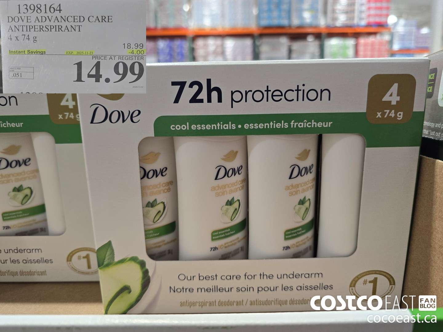 1398164 DOVE ADVANCED CARE ANTIPERSPIRANT 4 x 74G ($4.00 INSTANT SAVINGS EXPIRES ON 2025-11-23) $14.99
