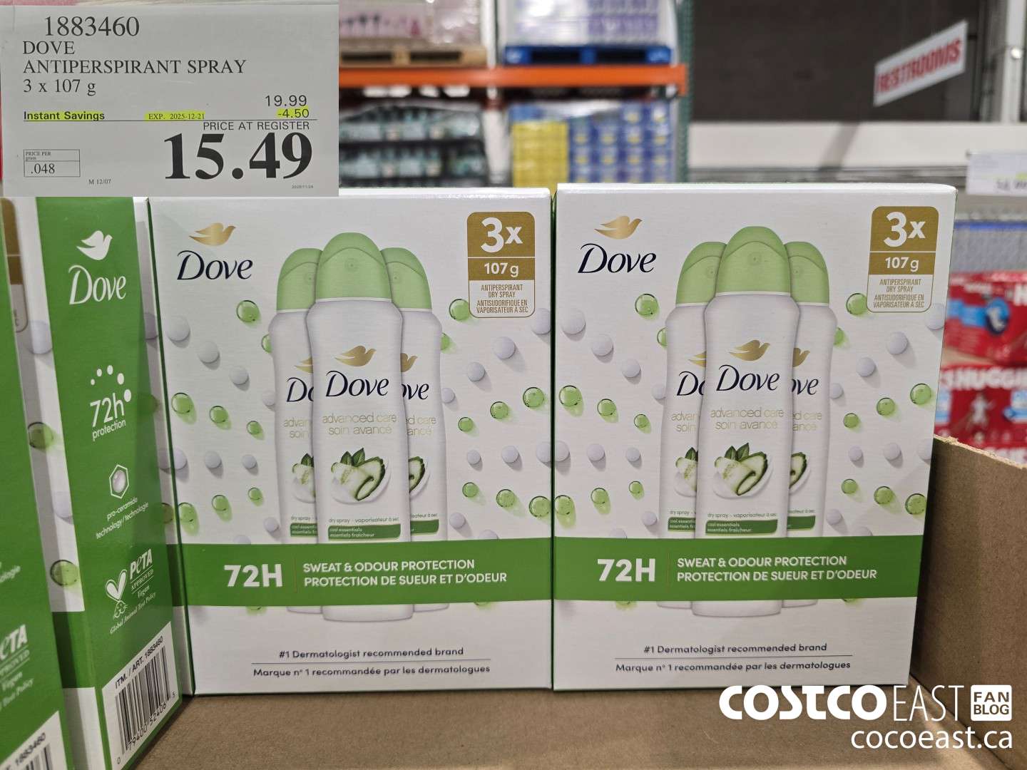 1883460 DOVE ANTIPERSPIRANT SPRAY 3 x 107 g ($4.50 INSTANT SAVINGS EXPIRES ON 2025-12-21) $15.49